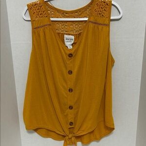 New York Laundry Mustard Crochet Yoke Button-Front Tie Tank